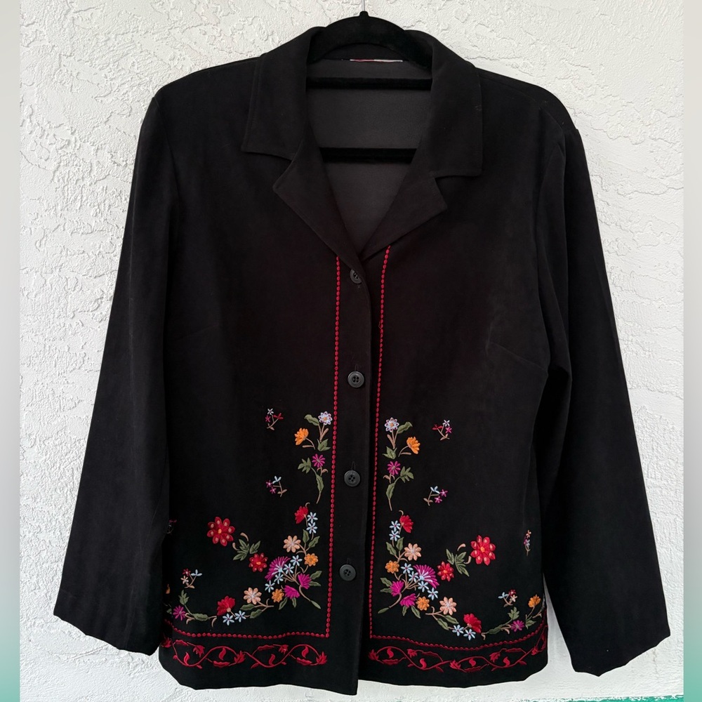 JM Collection Vintage Black Button Down Embroidered Floral Large Jacket Blazer - Picture 2 of 5